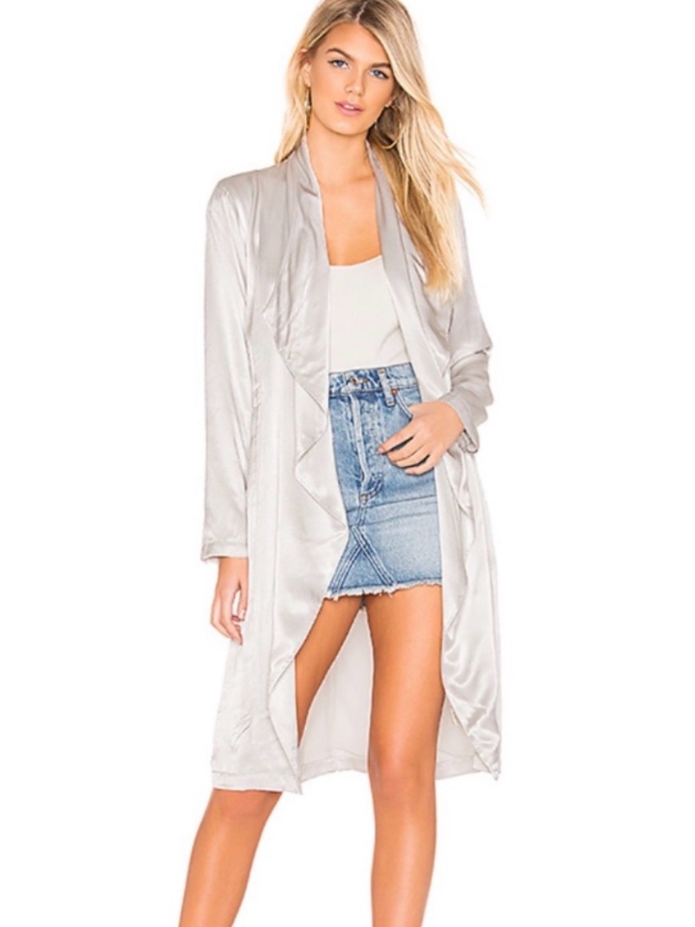 cupcakes & cashmere Silver Satin Drape-Trench Style Jacket